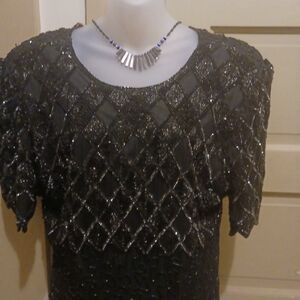 Laurence Kazar Black Sequin. Black Evening Gown. Short Sleeves. Back Zipper.